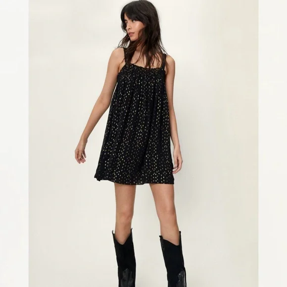 NWT | Nasty Gal | Black & Gold Spot Strappy Smock Mini Dress | Size XS - Picture 1 of 10